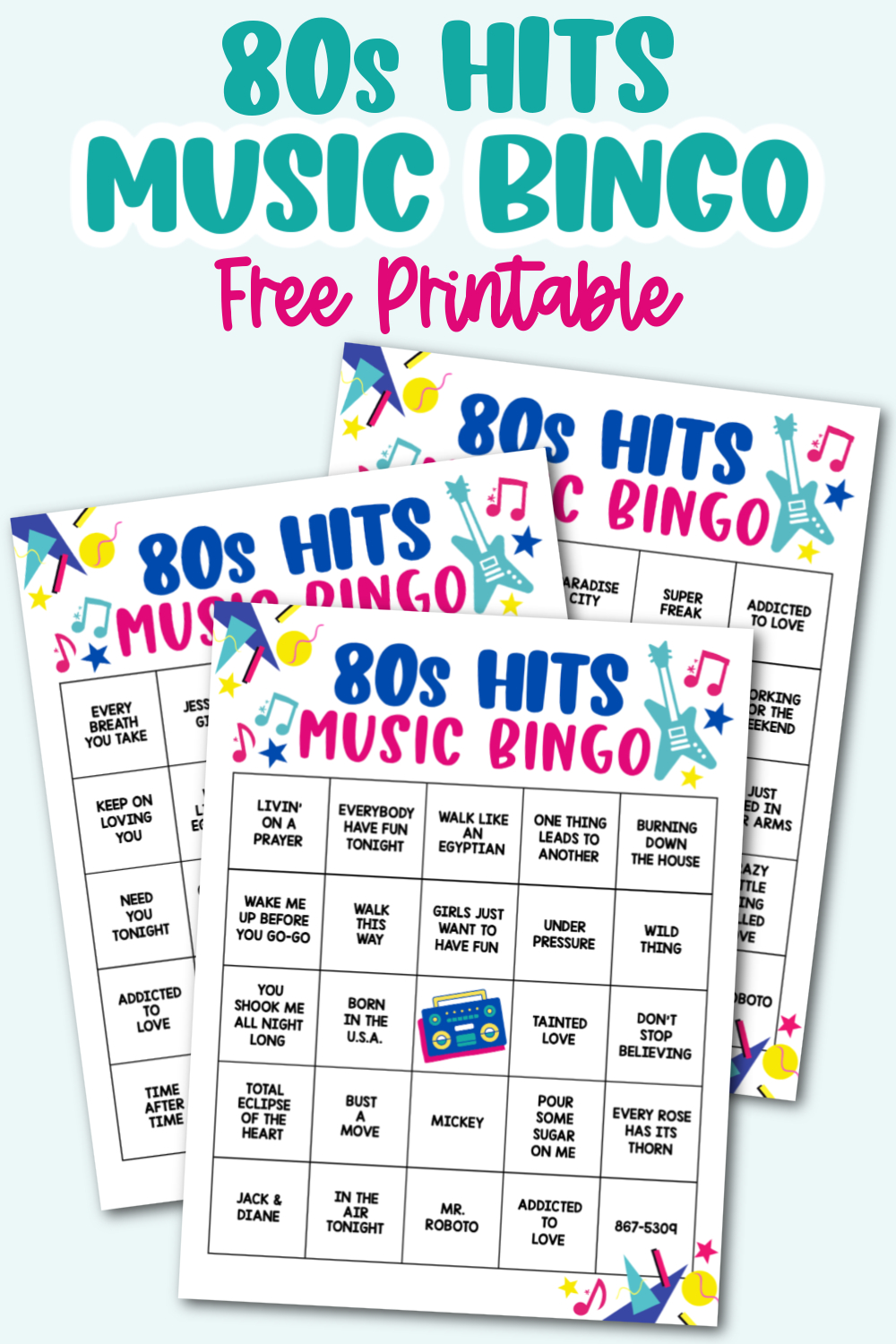 80S Hits Music Bingo Game With Playlist - Kara Creates in Music Bingo Cards Free