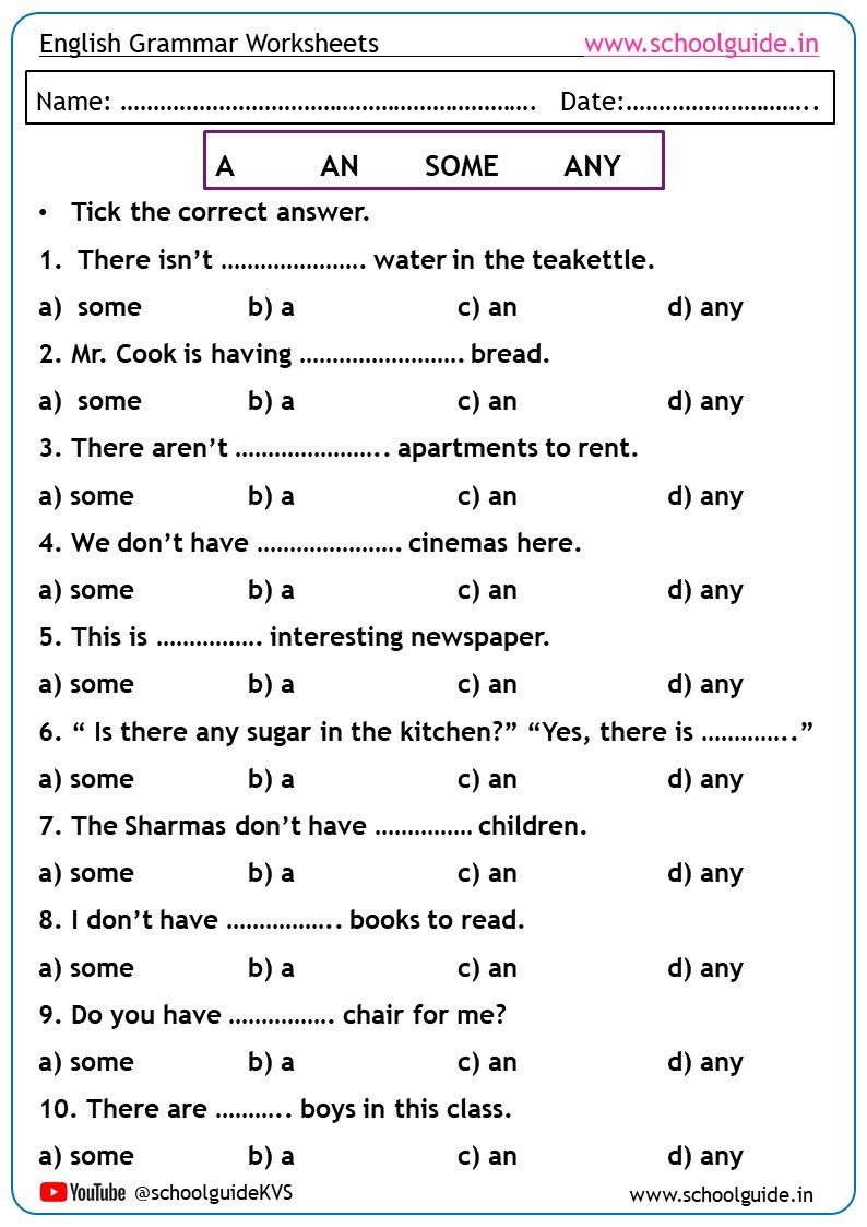 A, An, Some, Any Worksheets with Printable Grammar Worksheets For Grade 7