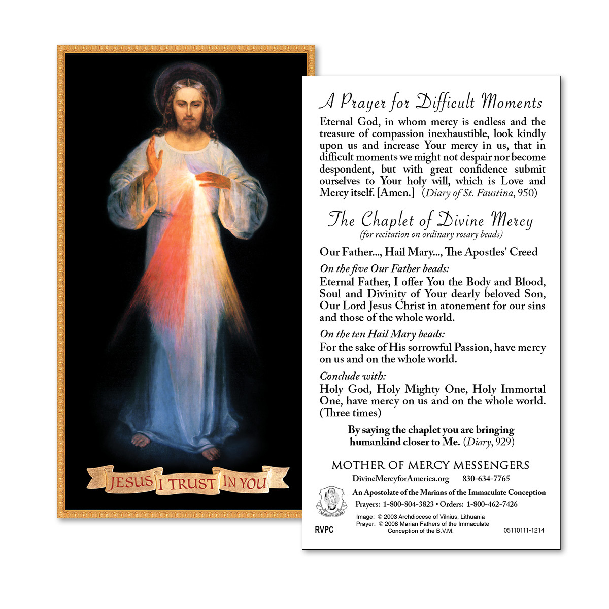 A Prayer For Difficult Moments With Chaplet Of Divine Mercy Prayer Card - 50 Pack regarding Printable Divine Mercy Prayer Card