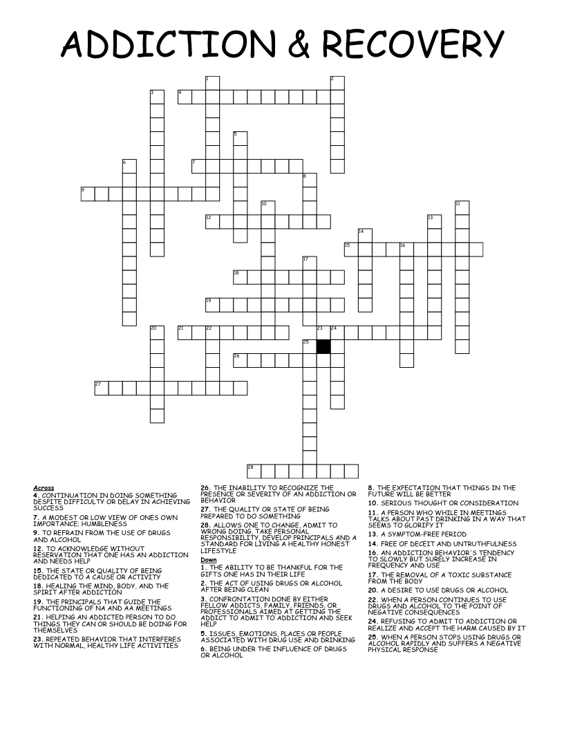 Addiction &amp;amp; Recovery Crossword - Wordmint in Recovery Crossword Puzzles Printable