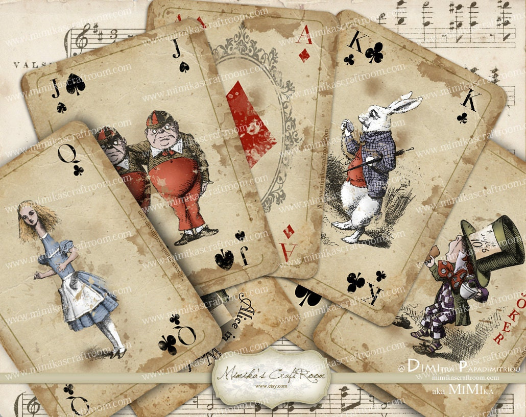 Alice In Wonderland Playing Cards Printable Digital Collage Sheet with Printable Alice in Wonderland Cards