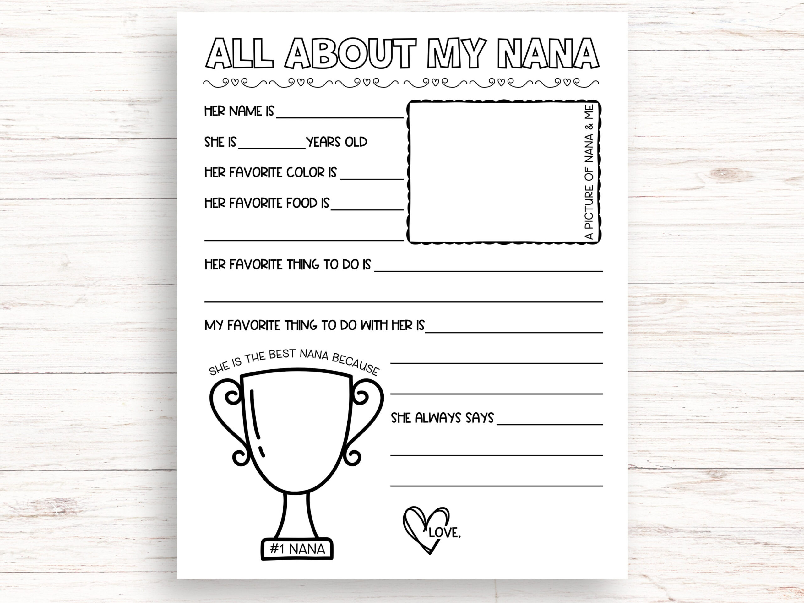 All About My Nana Printable, Mothers Day Printable Gift, Birthday intended for All About My Nana Free Printable