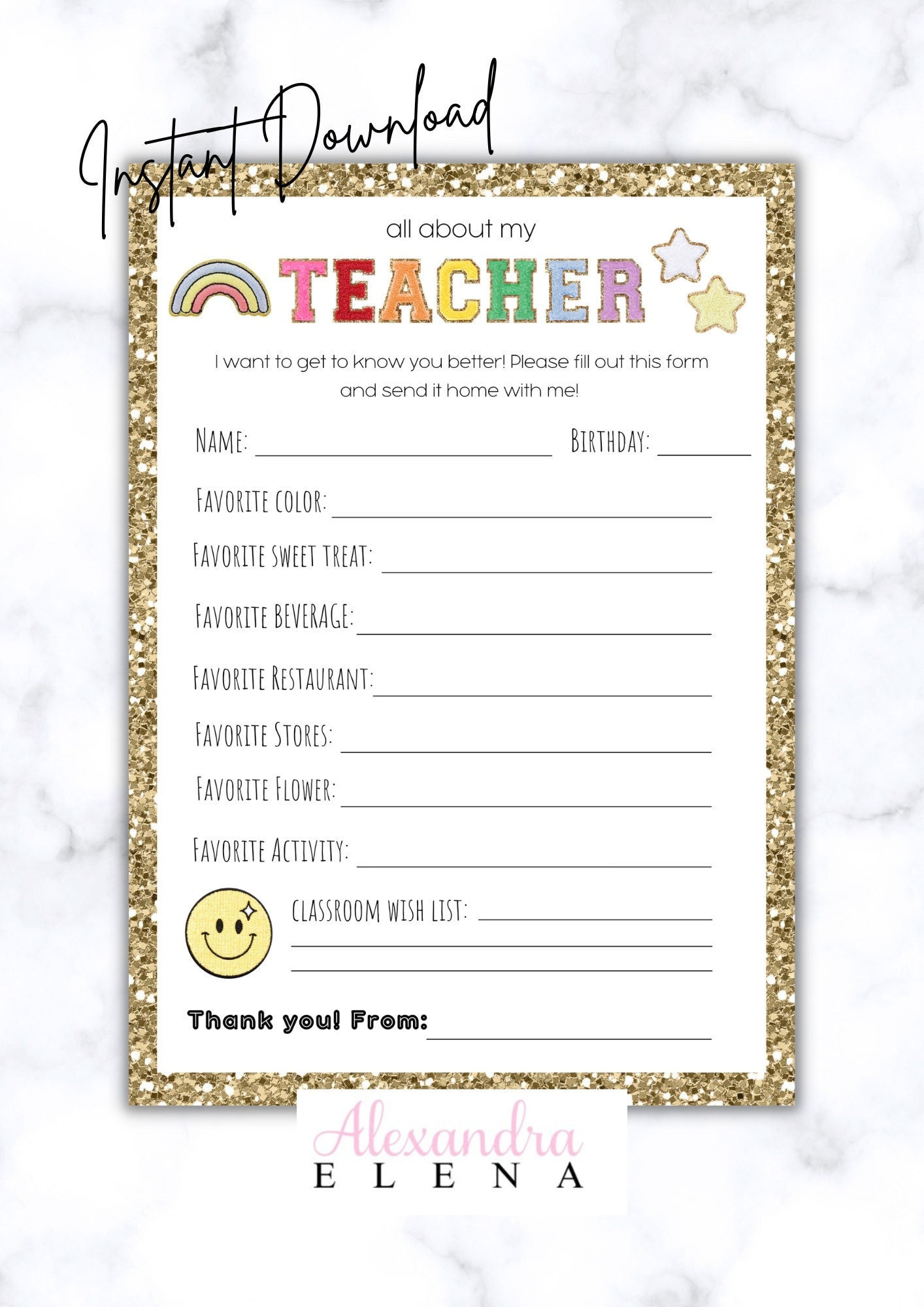 All About My Teacher Questionnaire For Teachers Glitter Varsity with Getting To Know My Teacher Printable