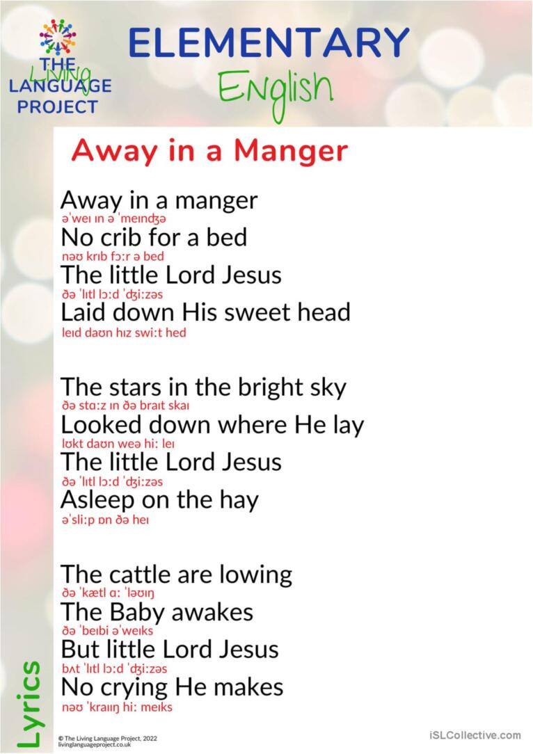 Away In A Manger - Lyrics General Vo…: English Esl Worksheets Pdf inside Away in a Manger Lyrics Printable