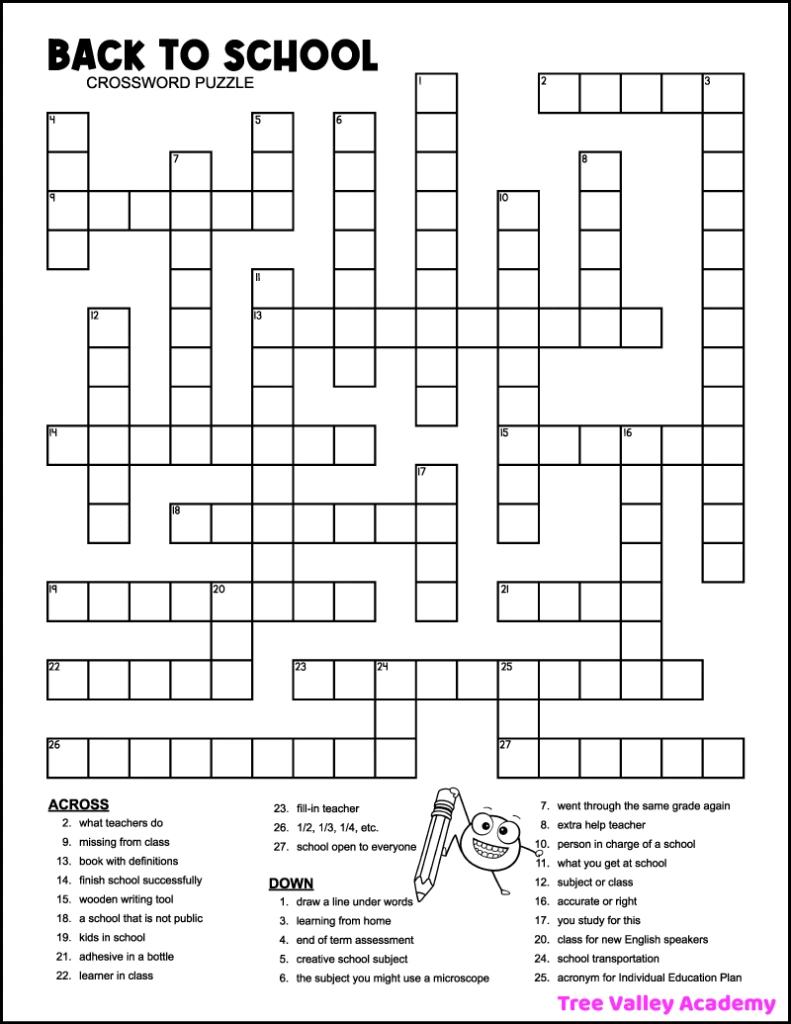 Back To School Crossword Puzzles - Tree Valley Academy for Printable Crossword Puzzles For 5Th Graders