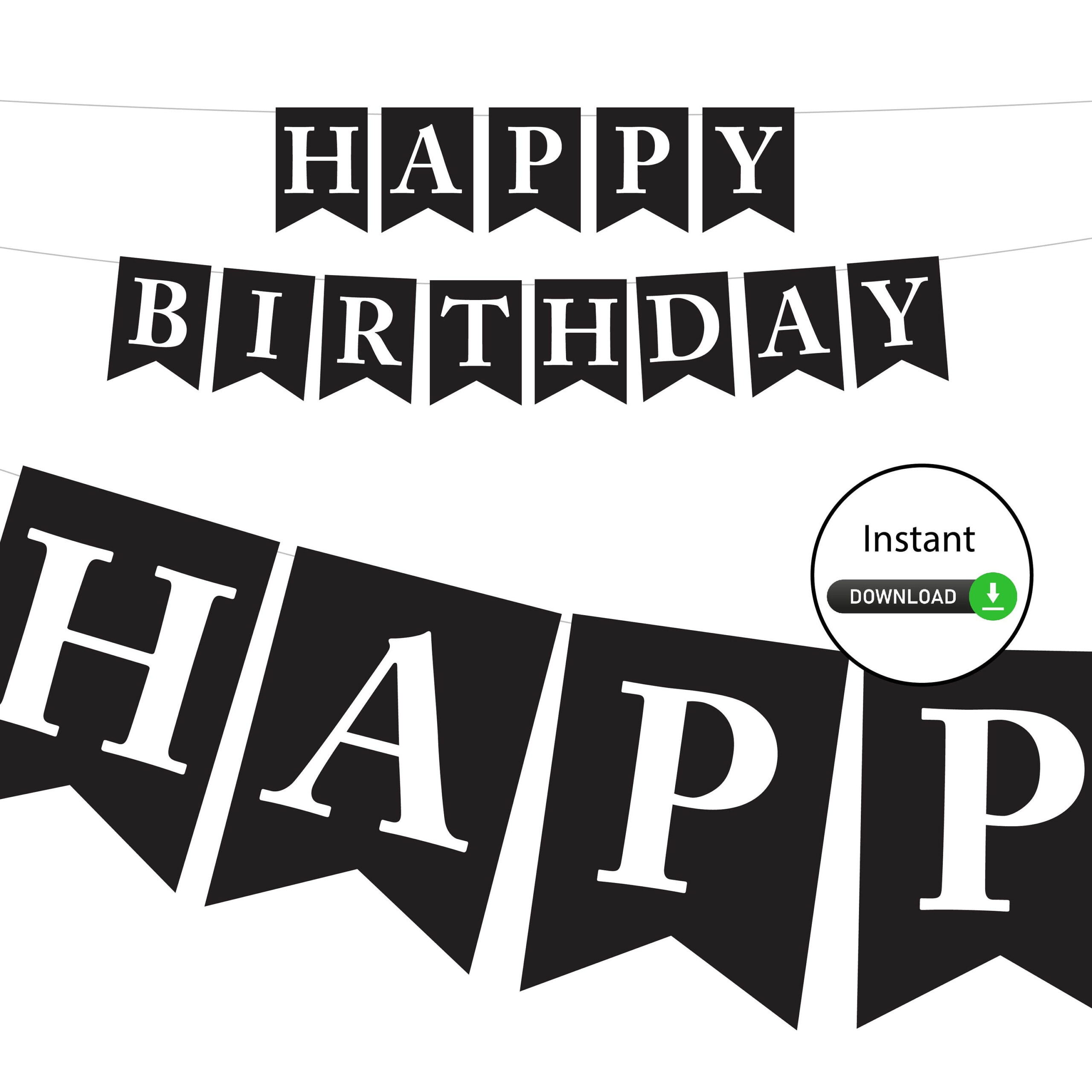 Black And White Happy Birthday Banner (Digital) - Instant Download throughout Black And White Happy Birthday Banner Printable