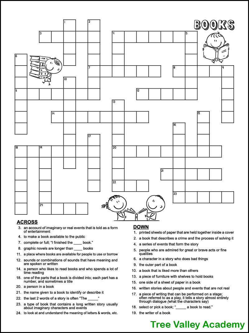 Book Themed Crossword Puzzle For Kids - Tree Valley Academy in Crossword Puzzles For 4th Graders Printable