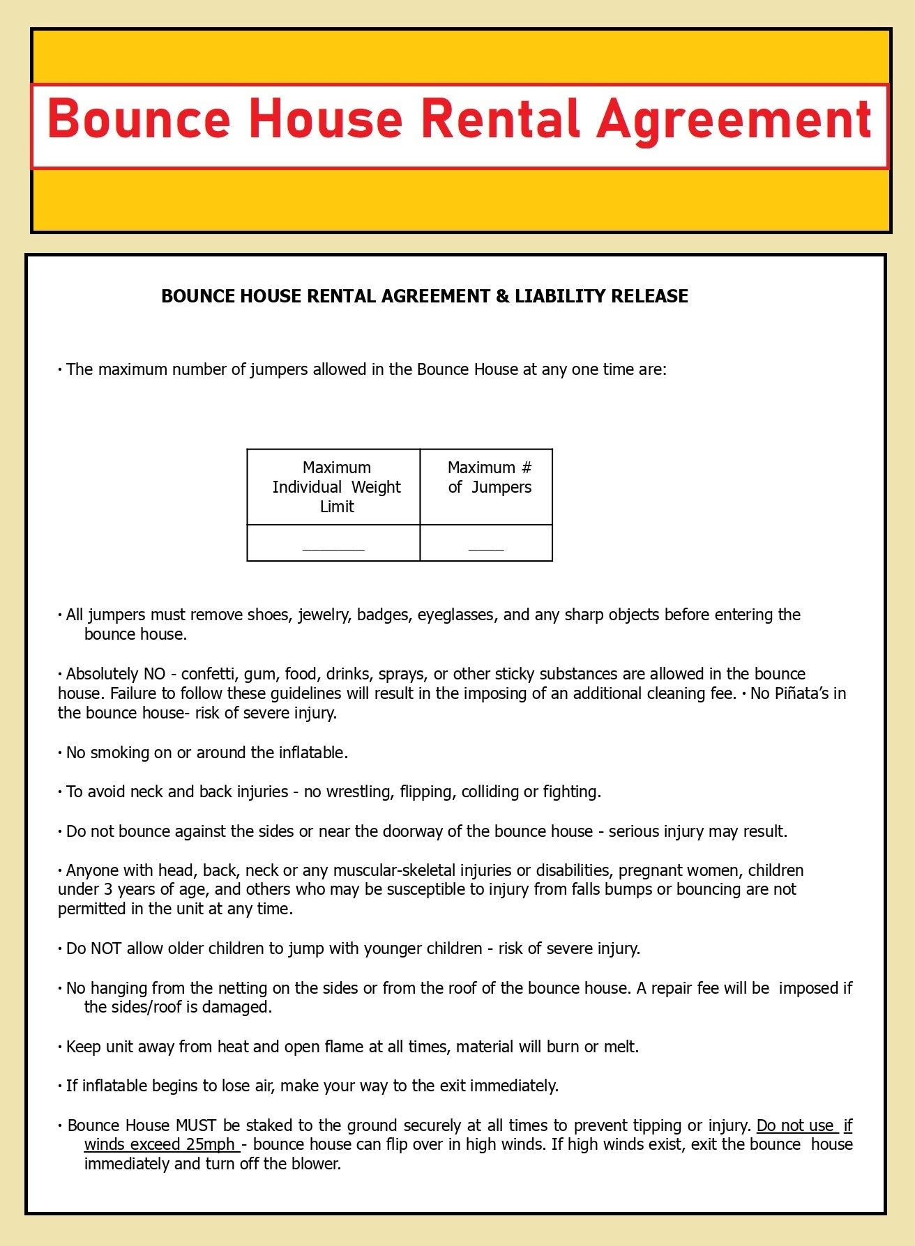 Bounce House Rental Agreement - Inflatable Rental Contract inside Printable Bounce House Rental Agreement