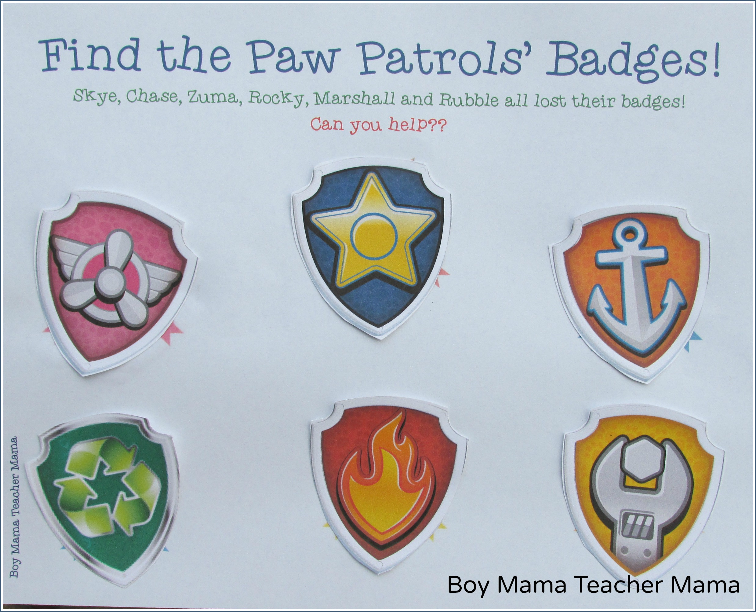 Boy Mama: Free Paw Patrol Find The Badge Printable Game - Boy Mama regarding Free Printable Paw Patrol Badge Template