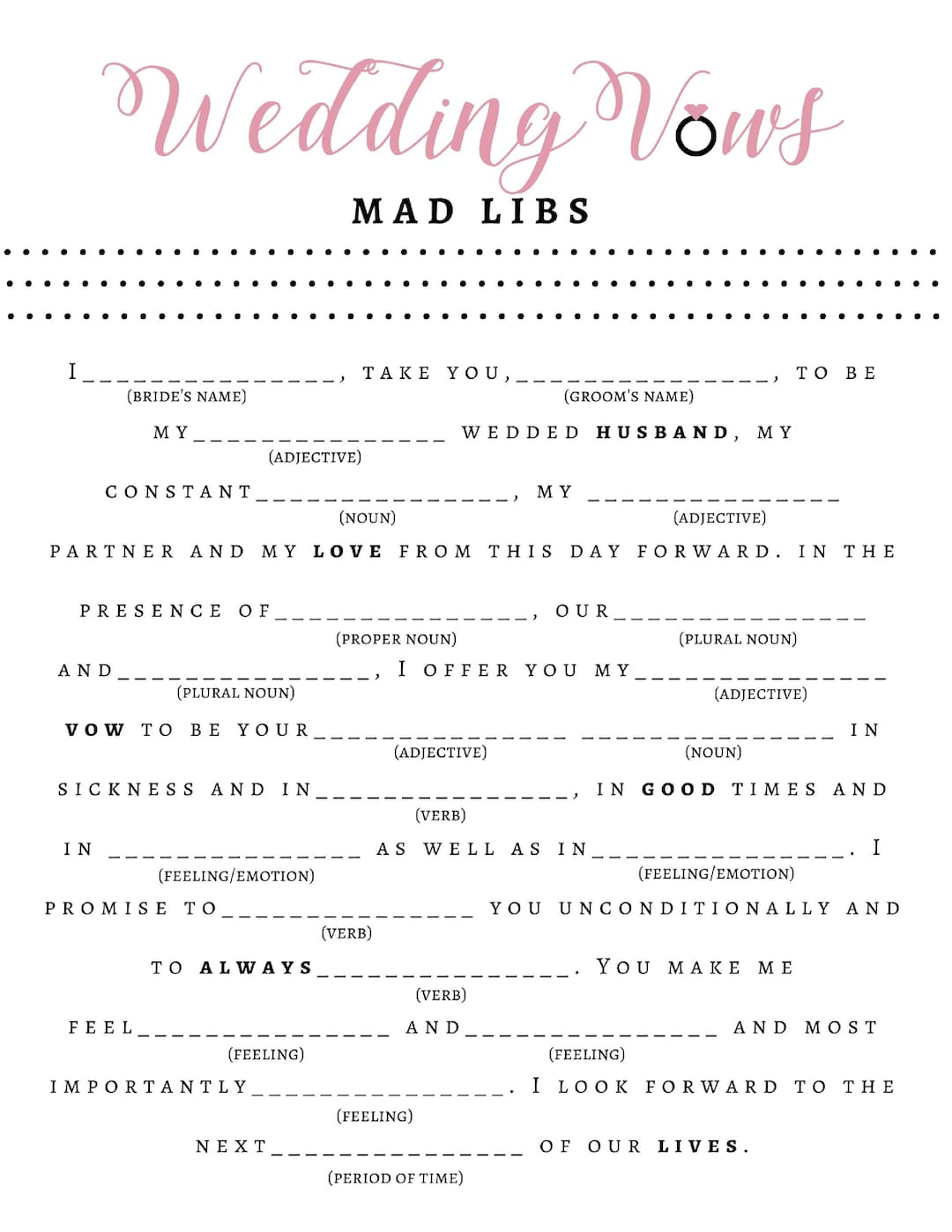 Bridal Shower Game - Wedding Vow Mad Libs - Bride + Groom - Etsy for Wedding Vow Mad Libs Free Printable