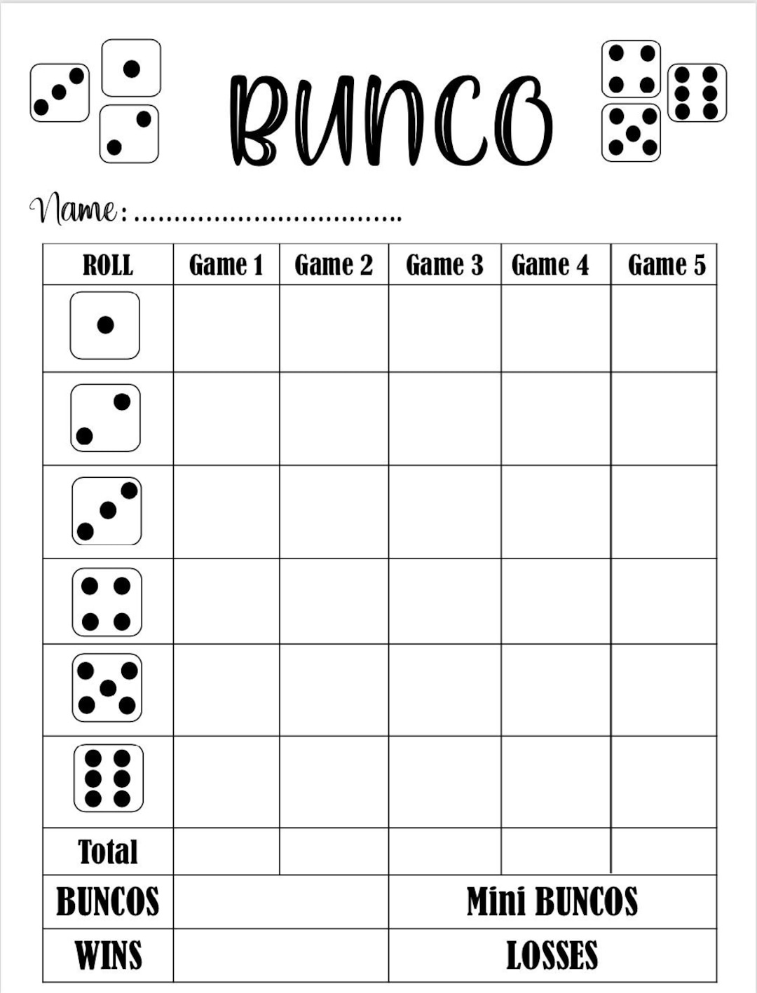 Bunco Score Card - Bunco Scoresheet - Bunco Score Pads - Printable for Printable Bunco Cards Free