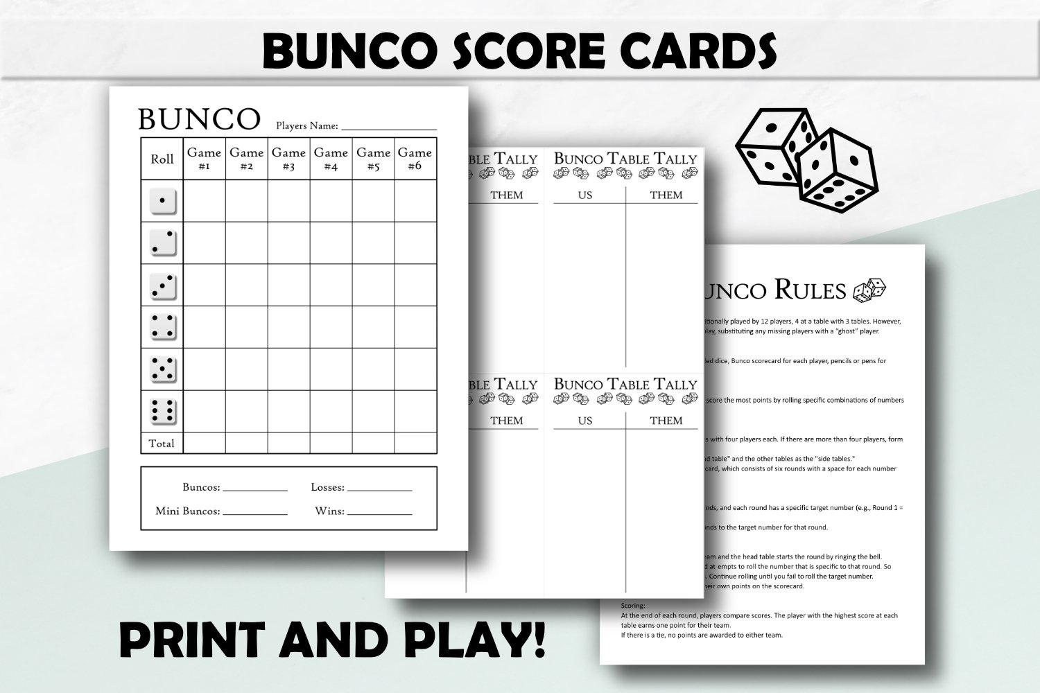 Bunco Score Cards, Bunco Tally Sheets, Game Night Rules with Free Printable Bunco Tally Sheets