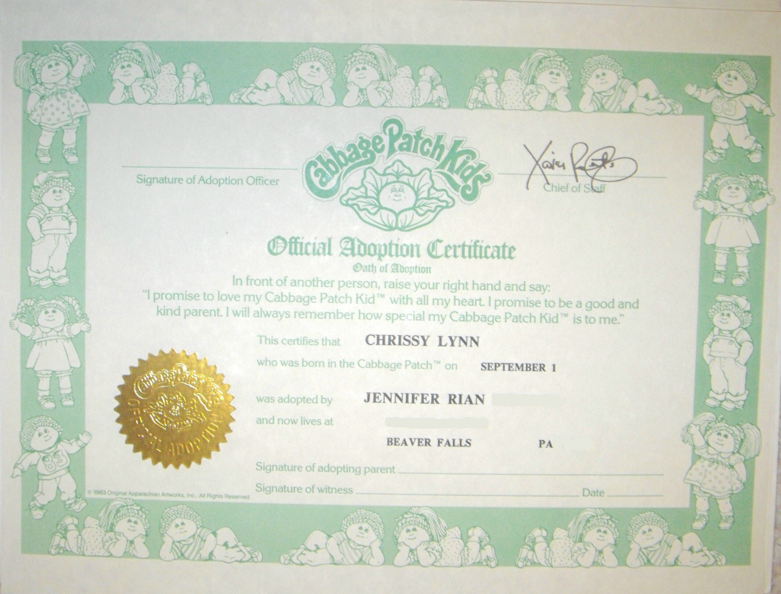 Cabbage Outlet Patch Certificate for Free Printable Cabbage Patch Birth Certificate
