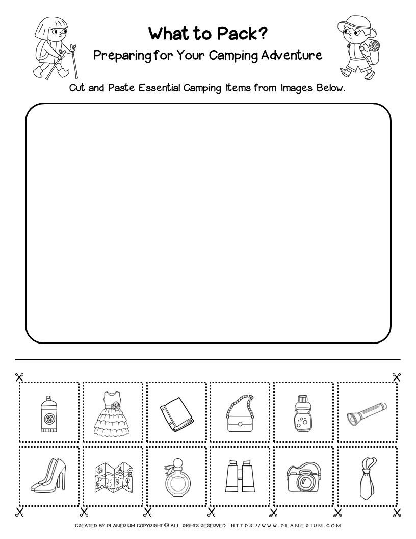 Camping Worksheet For Kids - What To Pack? Cut And Paste Activity for Free Printable Camping Worksheets For Preschoolers