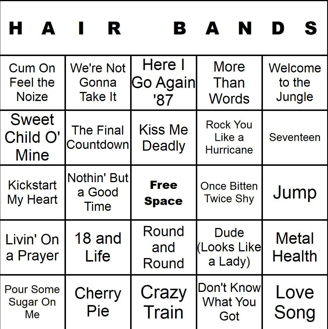 Cardtunz Hair Bands Music Bingo 100 Cards Digital Immediate inside Music Bingo Cards Printables