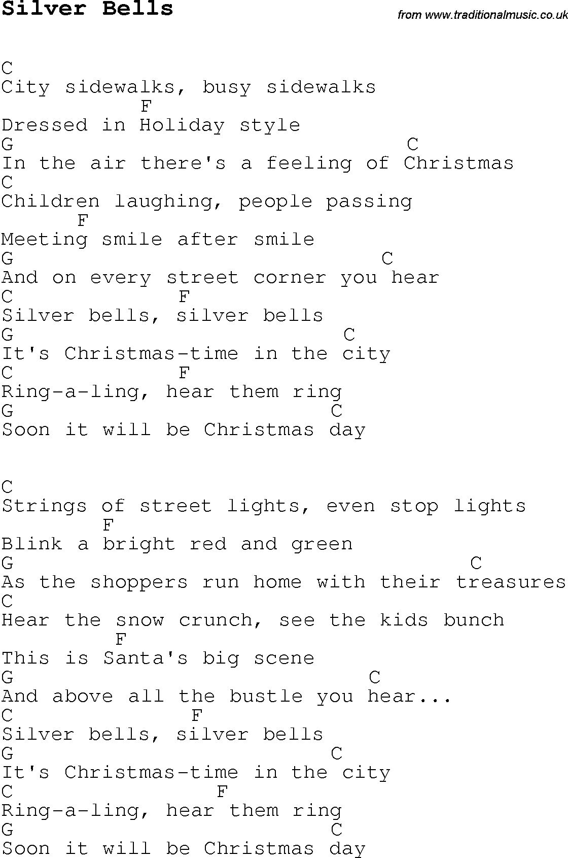 Christmas Carol/Song Lyrics With Chords For Silver Bells pertaining to Lyrics to Silver Bells Printable