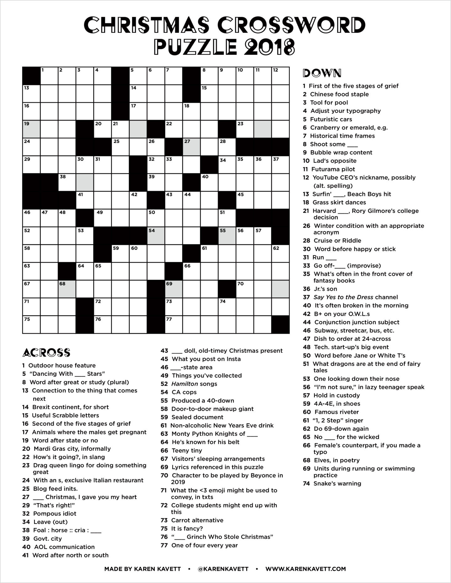 Christmas Crossword Puzzle 2018 - Karen Kavett for Christmas Puzzles Printable For Adults