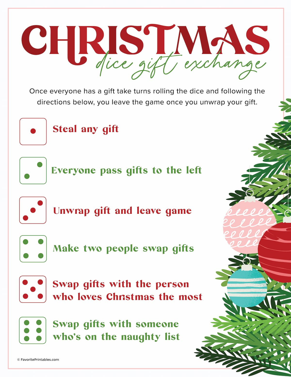 Christmas Dice Game, Free Printable For Gift Exchange! - Favorite throughout Christmas Dice Game Free Printable