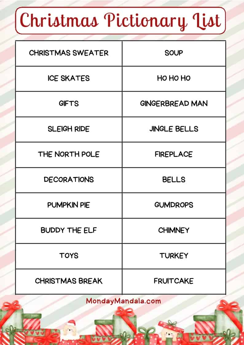 Christmas Pictionary Lists (Free Pdf Printables) regarding Christmas Pictionary Printable Free