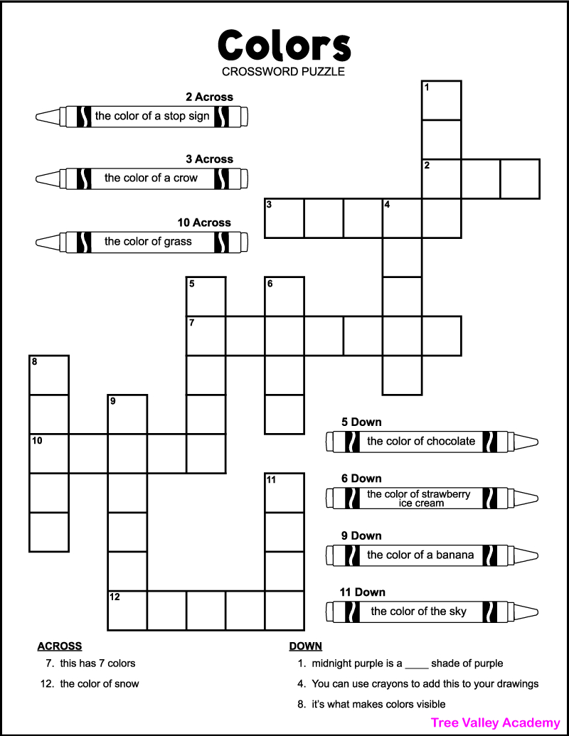 Colors Crossword Puzzle - Tree Valley Academy intended for Printable Crossword Puzzles For 2nd Graders