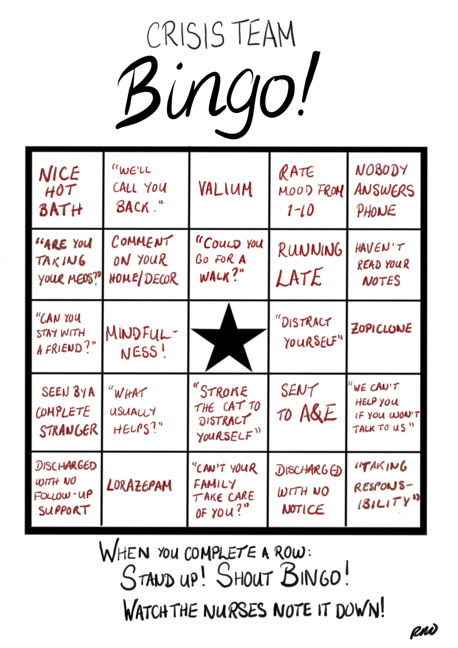 Crisis Team Bingo Card - National Elf Service intended for Mental Illness Bingo Card