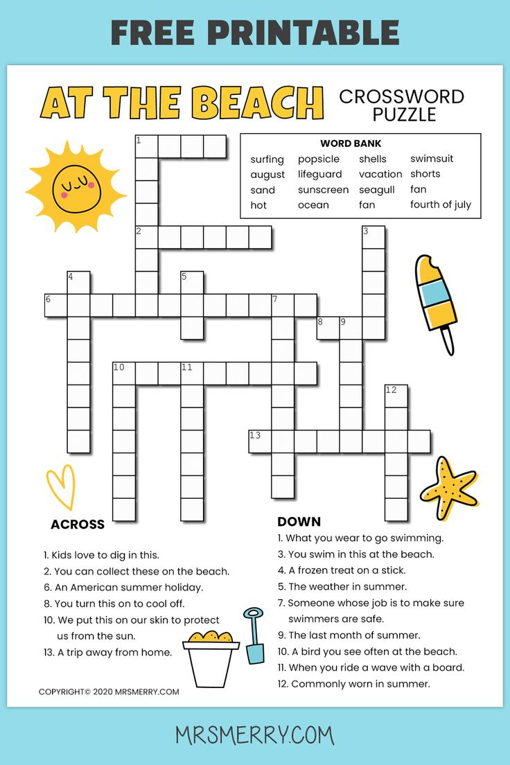Crossword Puzzles For Kids - Summer Activity - Mrs. Merry regarding Free Printable Crossword Puzzles For 3Rd Graders