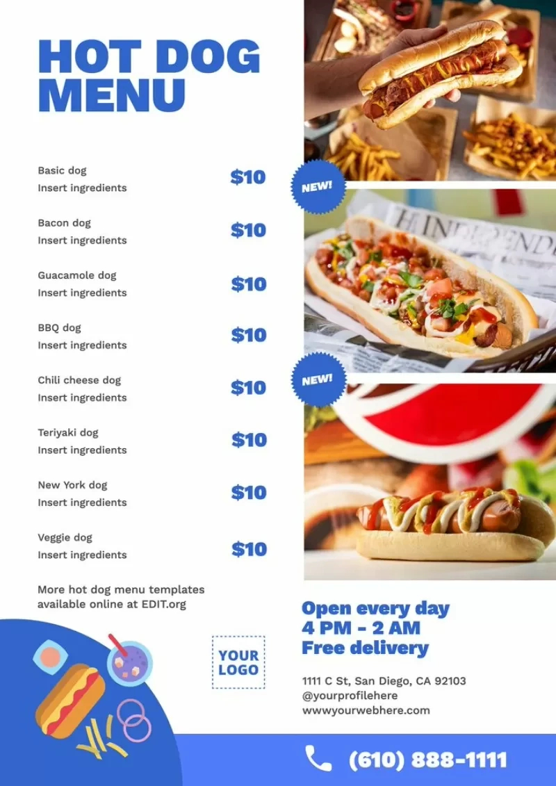 Customizable Hot Dog Menu Templates For Restaurants pertaining to Free Printable Hot Dog Bar Menu Printables