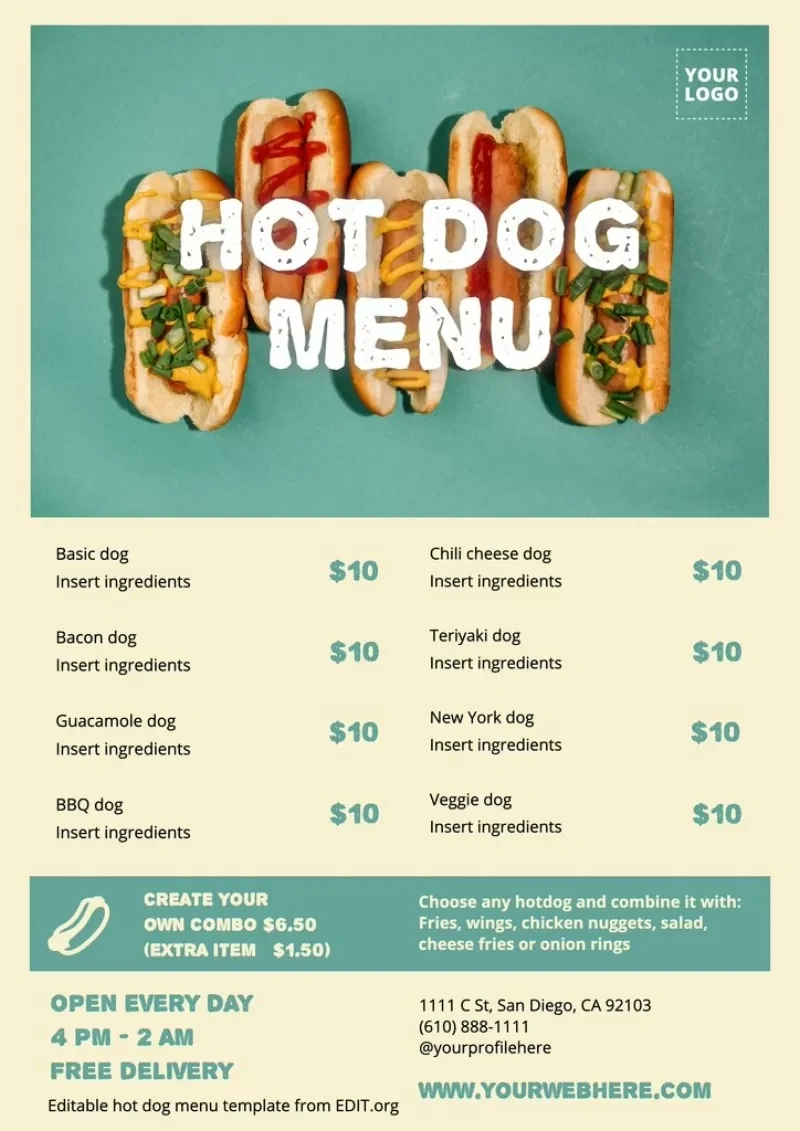 Customizable Hot Dog Menu Templates For Restaurants throughout Free Printable Hot Dog Bar Menu Printables