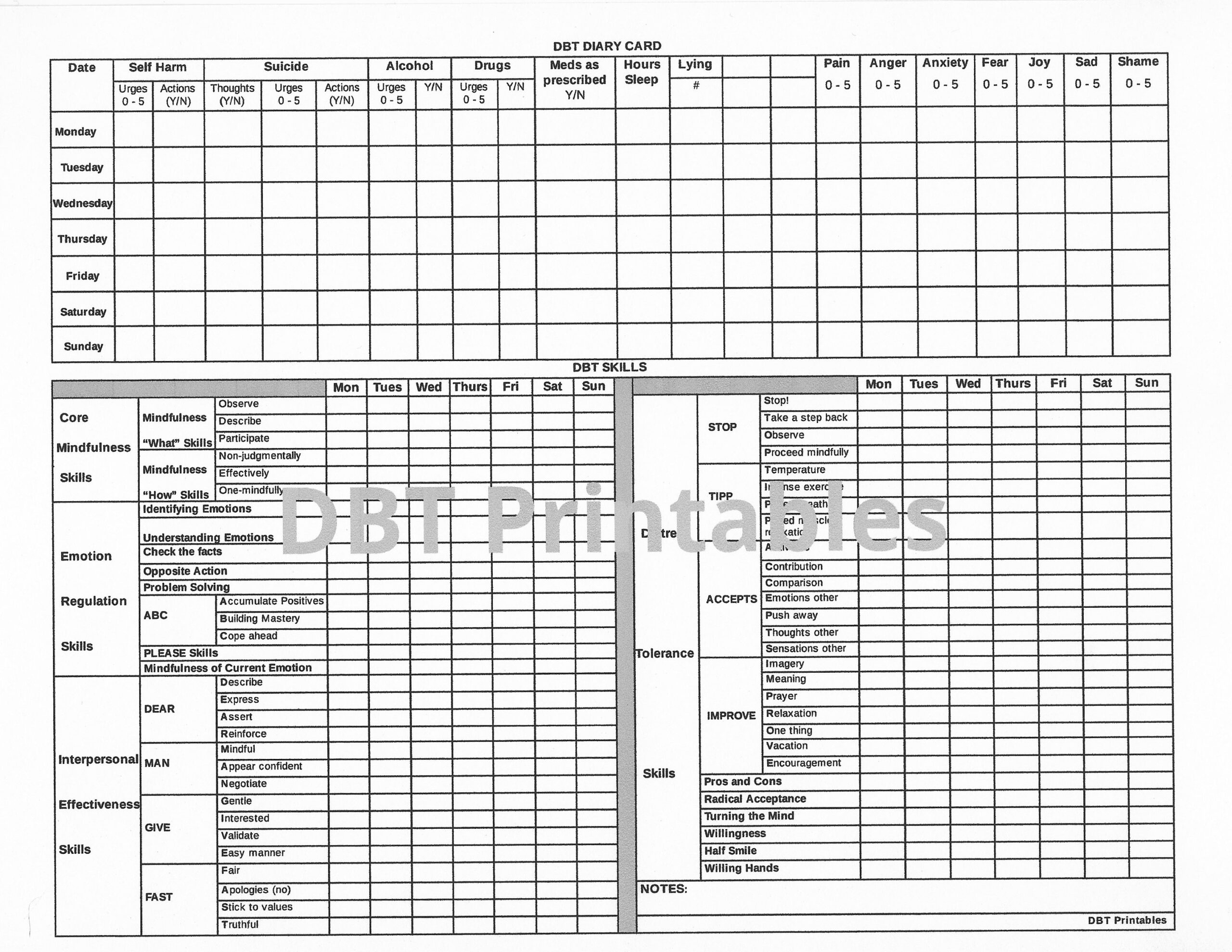 Dbt Diary Card | Printable Bpd Skills Tracker | Dialectical inside Printable Dbt Diary Card