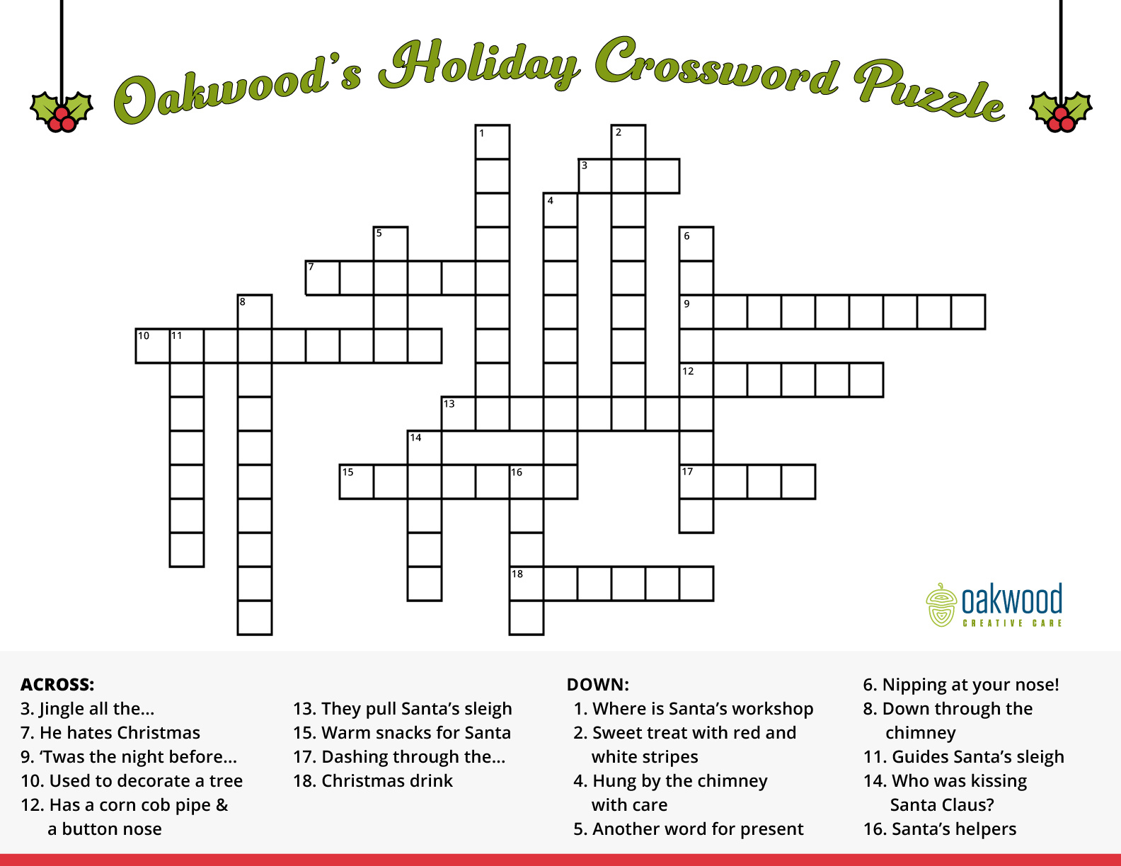 Dementia-Friendly Holiday Crossword Puzzle : Oakwood Creative Care within Holiday Crossword Printable