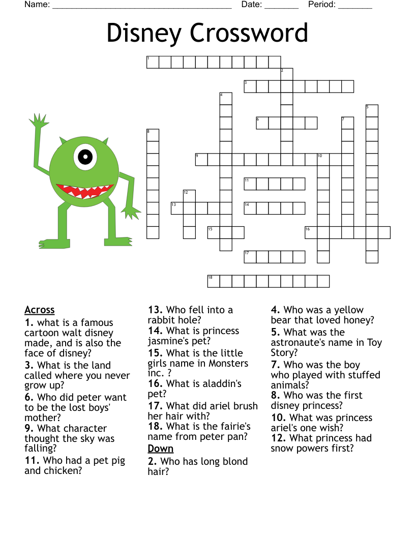 Disney Crossword - Wordmint intended for Printable Disney Crosswords