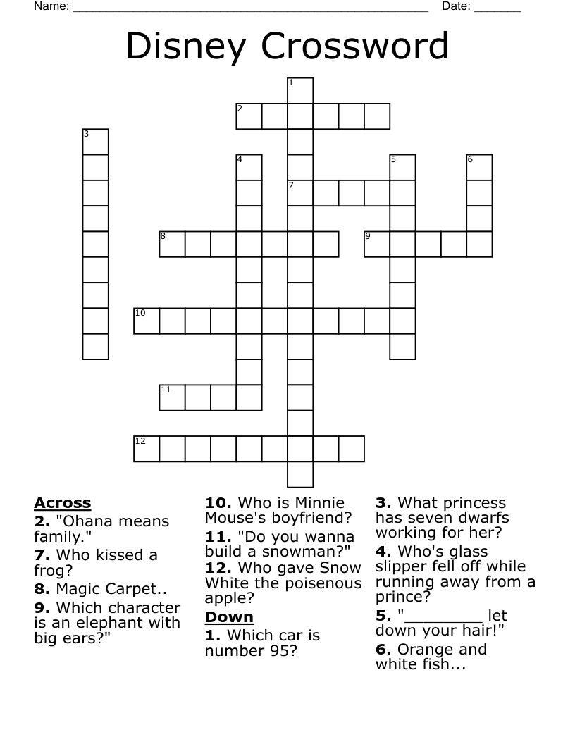 Disney Crossword - Wordmint intended for Printable Disney Crosswords