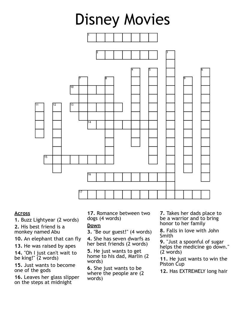 Disney Movies Crossword - Wordmint throughout Printable Disney Crosswords