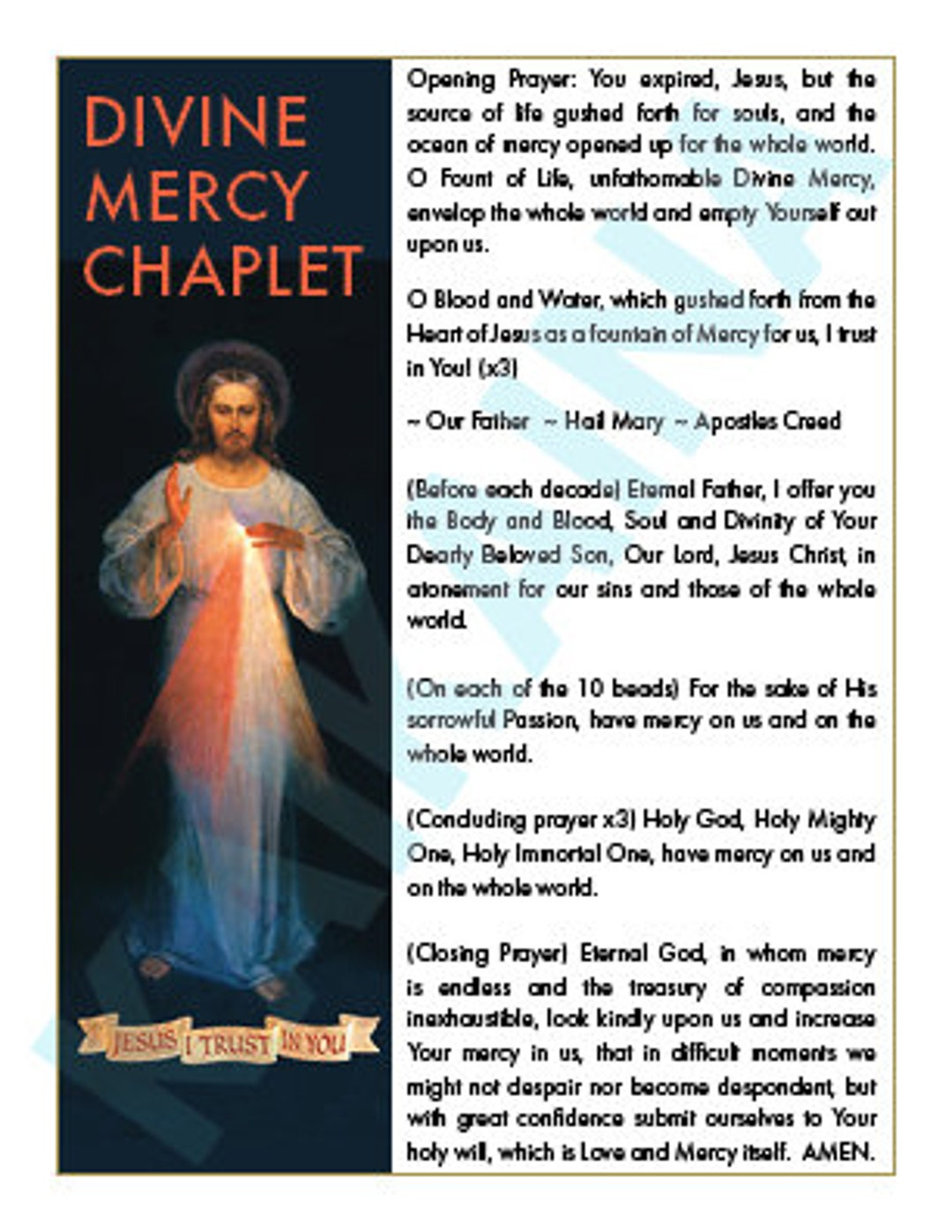 Divine Mercy Chaplet Prayer Card 4 On A Page - Downloadable And Printable Catholic Saint Prayer Card. - Etsy with Printable Divine Mercy Prayer Card