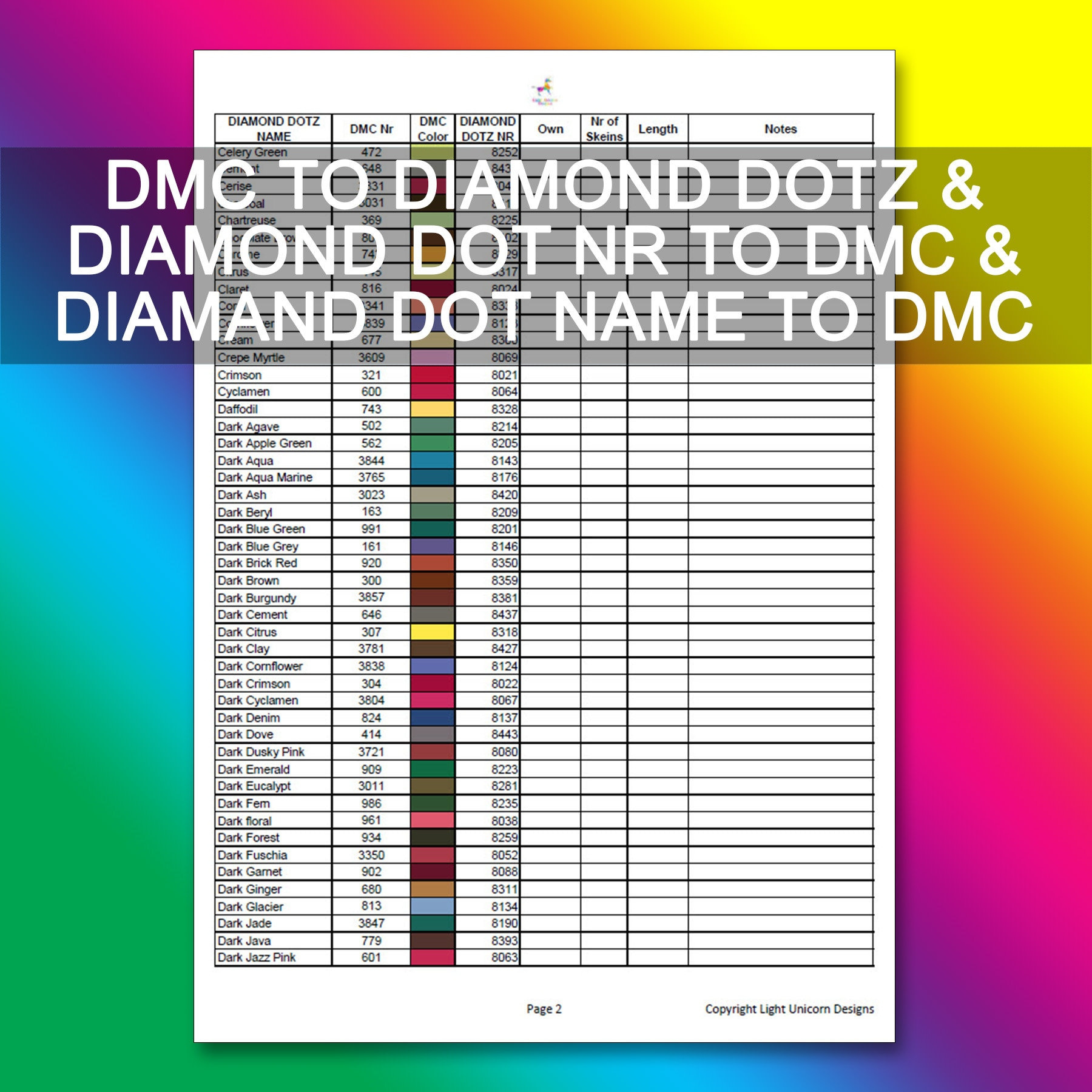 Dmc To Diamond Dotz Conversion Chart Pdf Instant Download | Cross for Free Printable Color Dmc Diamond Dotz Color Chart