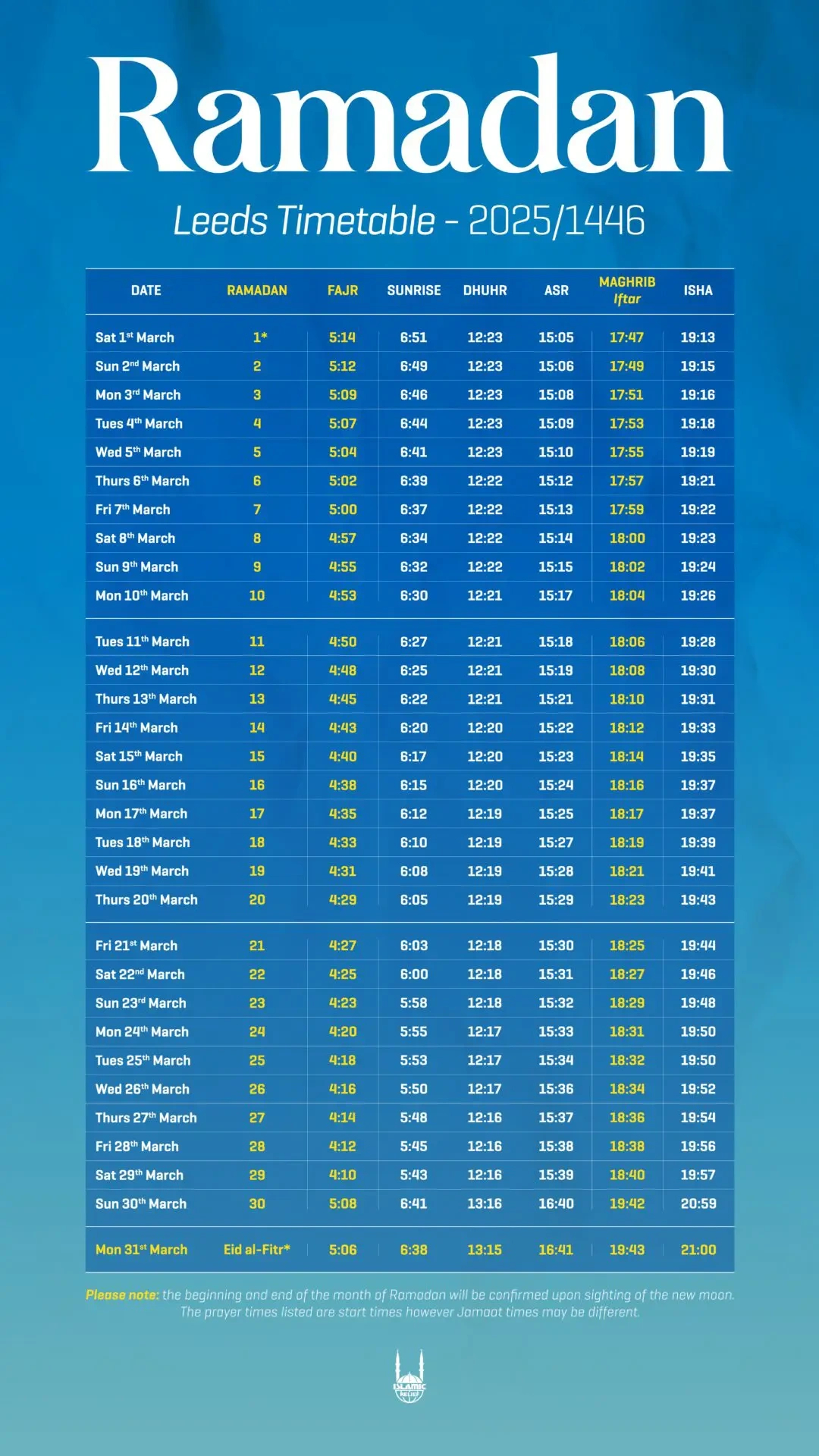 Download Your Ramadan 2025 Timetable | Islamic Relief Uk intended for Ramadan Fasting Times Calendar 2025 Printable