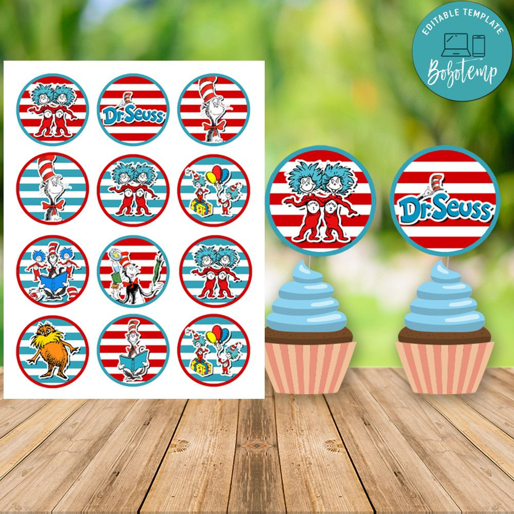 Dr. Seuss Birthday Cupcake Topper Digital File Printable | Bobotemp throughout Dr Seuss Printable Cupcake Toppers