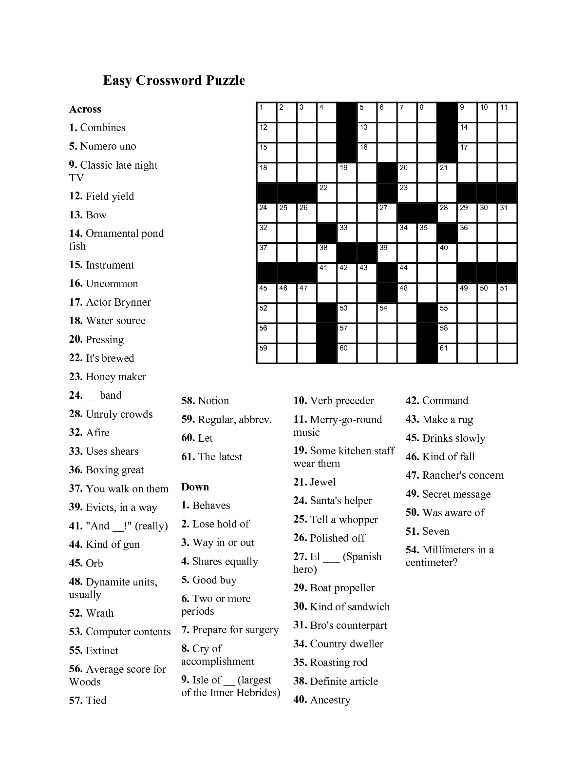 Easy Crossword Puzzles For Seniors 21F in Easy Crossword Puzzles Printable For Seniors