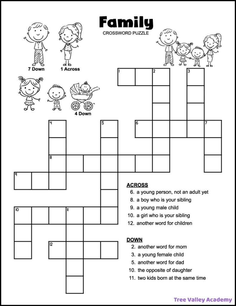Easy Family Crossword Puzzle - Tree Valley Academy inside Free Printable Crossword Puzzles For Kids