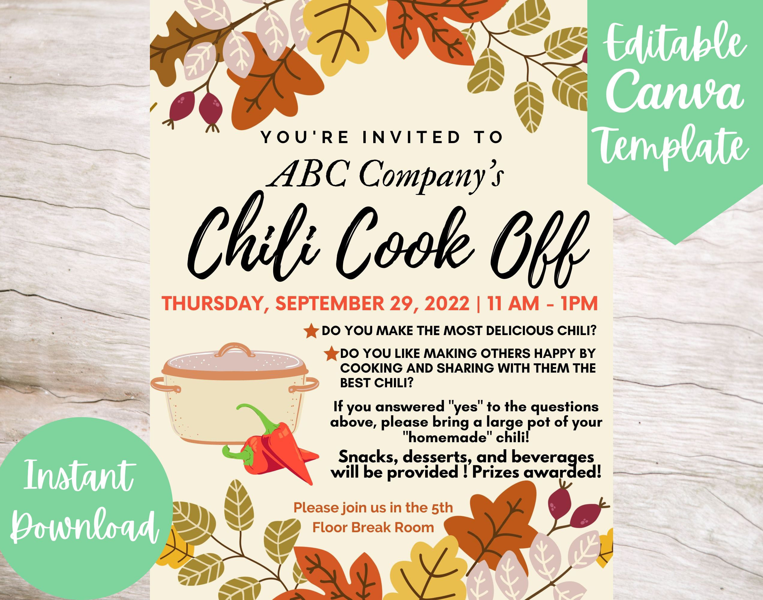 Editable And Printable Office Chili Cook Off Invitation Flyer throughout Printable Chili Cook Off Flyer Template Free