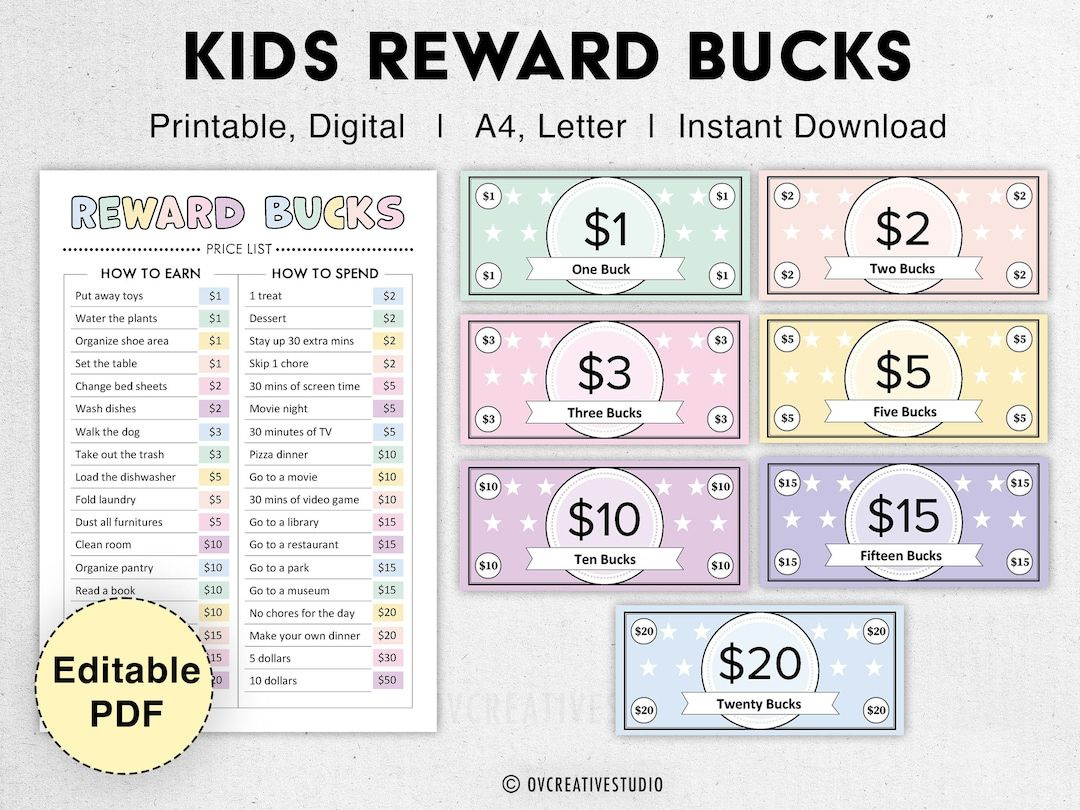 Editable Kids Reward Bucks Printable Mom Bucks, Pdf Reward System with Free Printable Chore Bucks