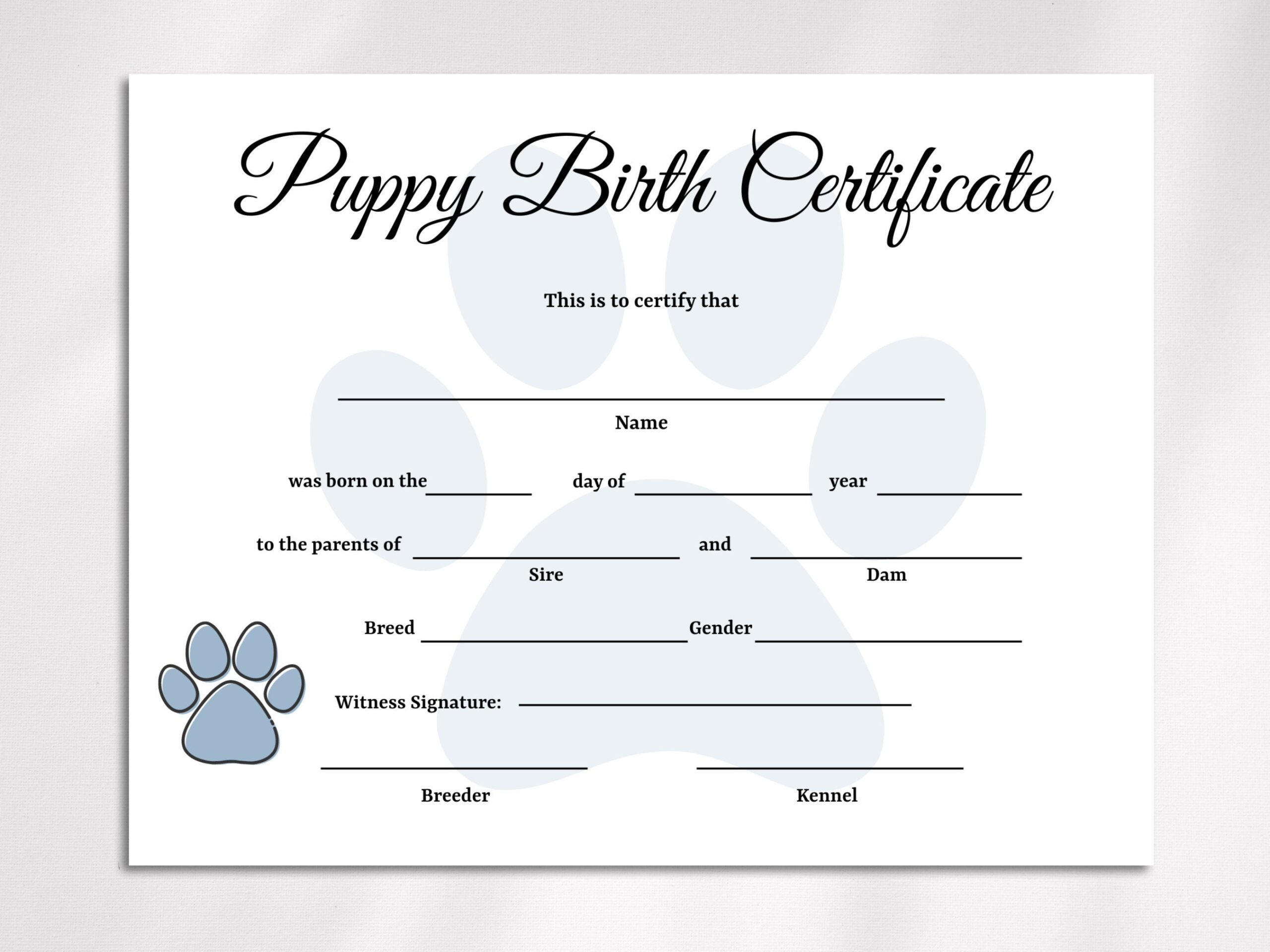 Editable Puppy Birth Certificate Template, Dog Adoption Certificate, Pet Birth Certificate, Dog Breeder Forms with regard to Free Printable Puppy Birth Certificate