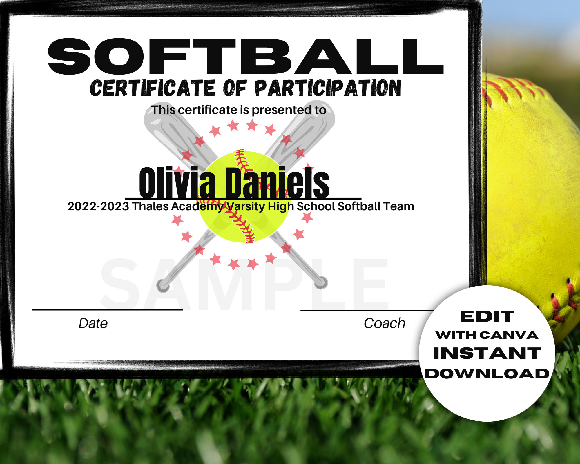 Editable Softball Certificate Template- Award- Participation inside Free Printable Softball Certificate Template Free