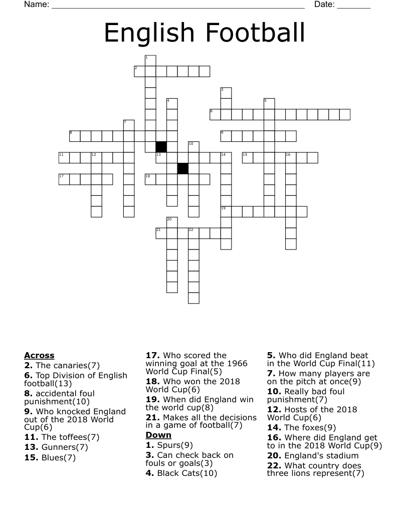 English Football Crossword - Wordmint throughout Football Crosswords Printable