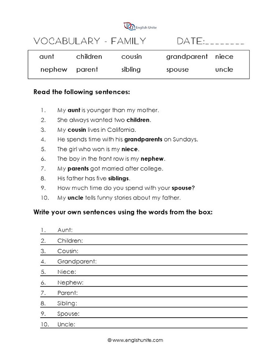 English Unite - Family Vocabulary Worksheet with Vocabulary Printable Worksheets For Adults