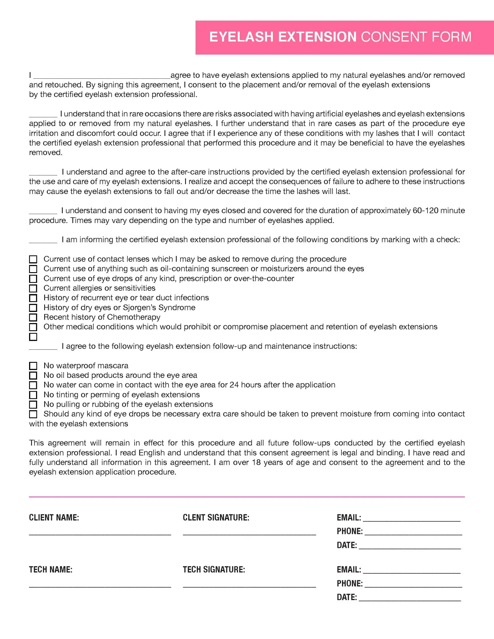 Eyelash Extension Consent Form (Waiver And Release Template) pertaining to Free Printable Eyelash Extension Consent Form