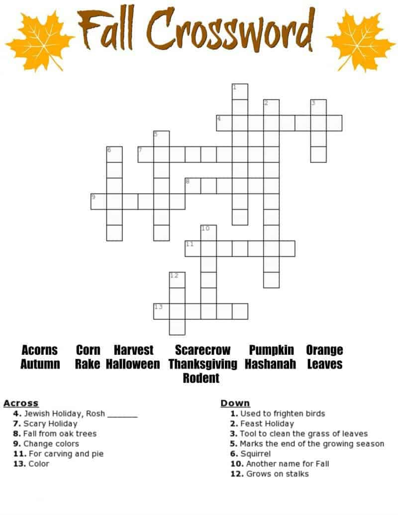 Fall Crossword Puzzle Free Printable Worksheet within Crossword With Word Bank Printable