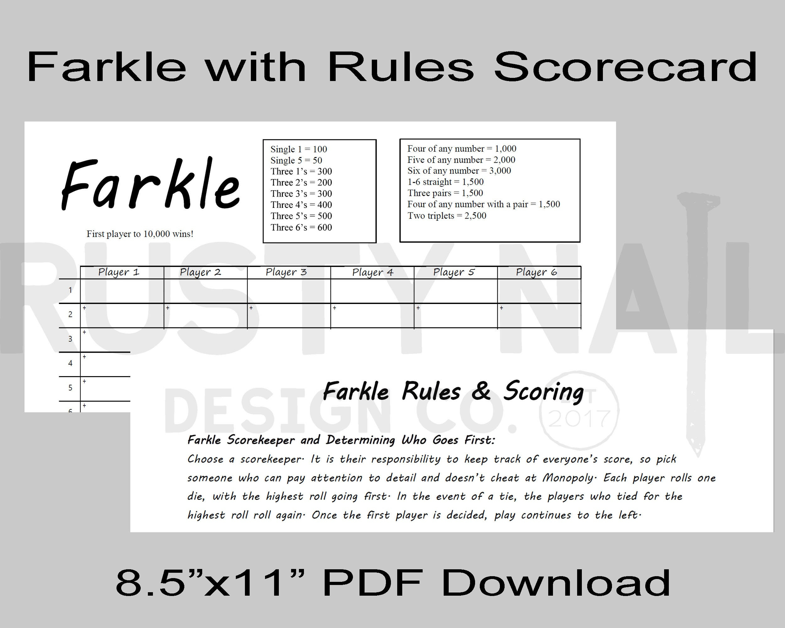 Farkle Game Scorecard Pdf - 8.5X11 Double-Sided Scorecard, Farkle On The Front, Rules On The Back. - Download And Print Your Own Scorecard with Free Printable Farkle Rules