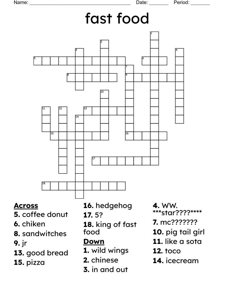 Fast Food Crossword - Wordmint inside Food Crossword Printable