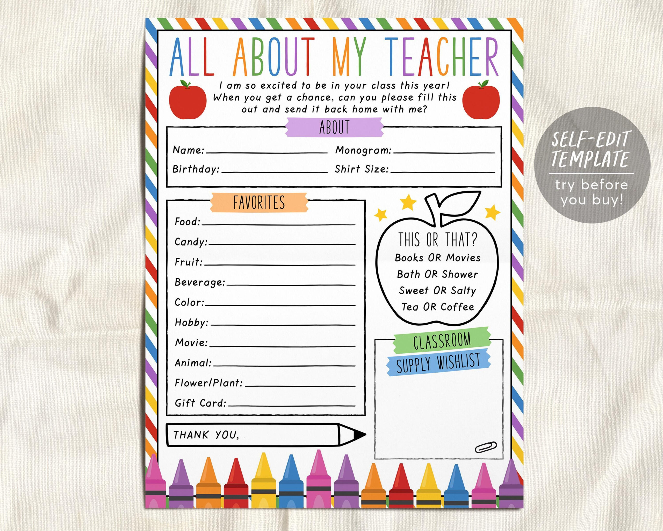 Favorites Teacher Survey Editable Template, Getting To Know My in Getting to Know My Teacher Printable